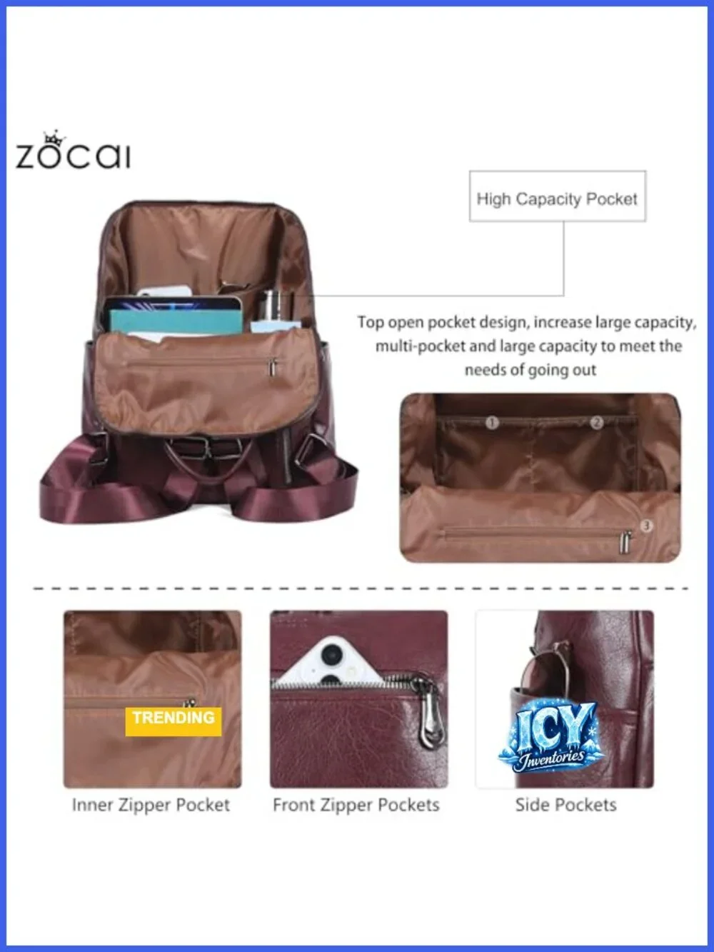 Vegan Leather Backpack Purse with Adjustable Straps Medium Size